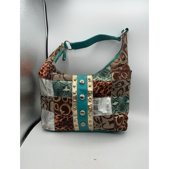 Charming Charlie Handbags - Patchwork Animal Print Shoulder Bag Turquoise Studded Y2K Hobo Purse Boho